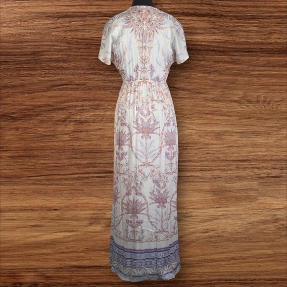 Hale Bob Boho Flowy Maxi Dress With V Neck, Border Print And Flower Buttons XS - Picture 4 of 9